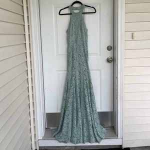 Beautiful sage sparkly lace maxi prom dress